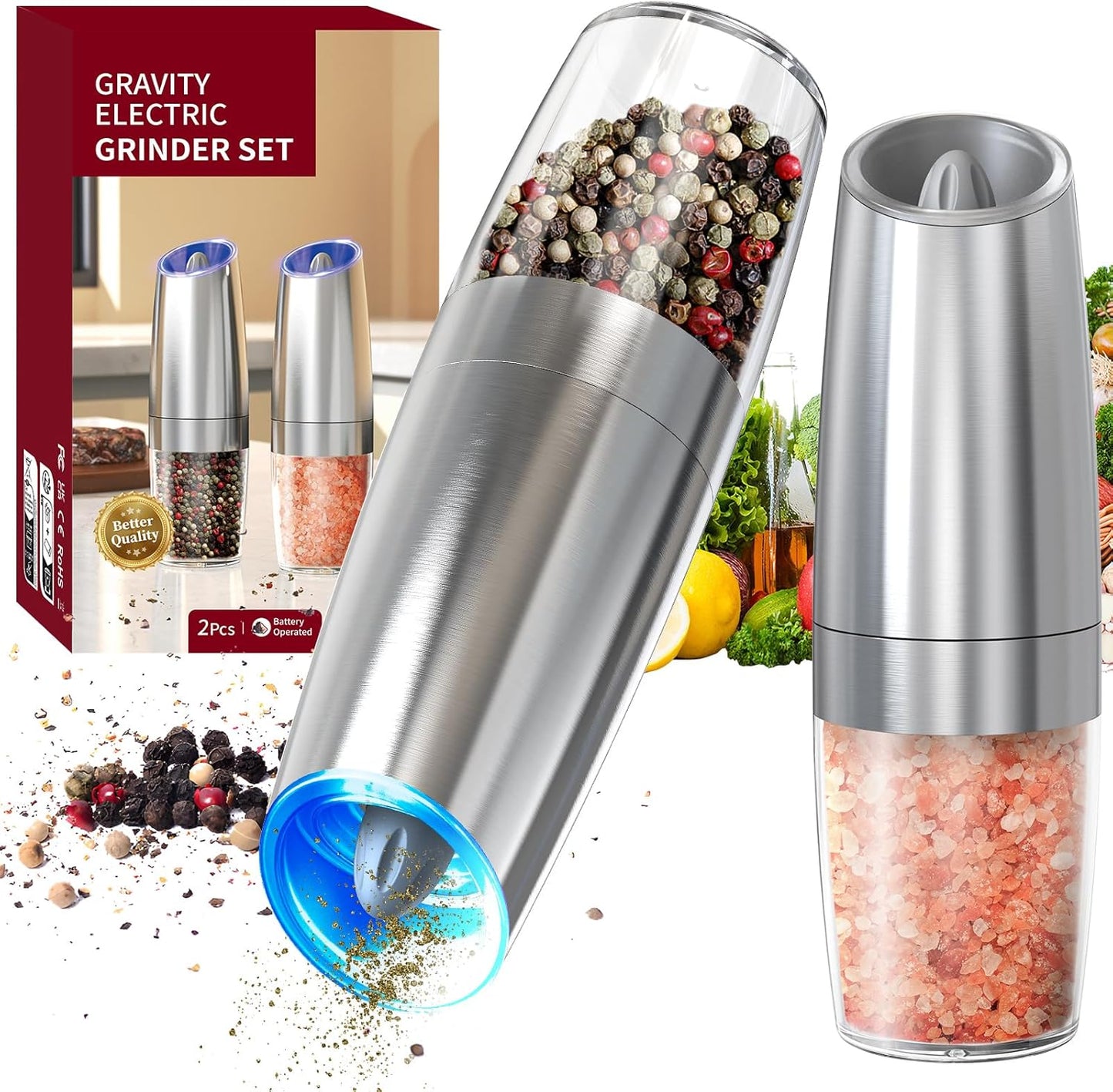 CIRCLE JOY Gravity Electric Salt and Pepper Grinder Set Automatic Salt and Pepper Grinder Set with LED Light, Battery Operated, Adjustable Coarseness, Large Capacity, for Home Kitchen BBQ