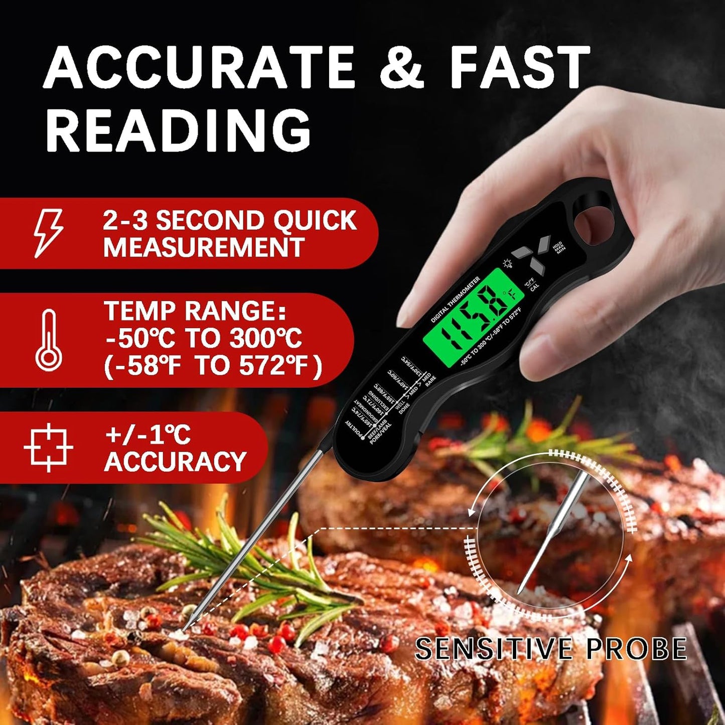 Meat Thermometer Digital,IP67 Waterproof Cooking Thermometer with Backlight, Calibration & Hold Function,Food Thermometer for Cooking,Outdoor Grilling,Suitable as Stocking Stuffers for Men
