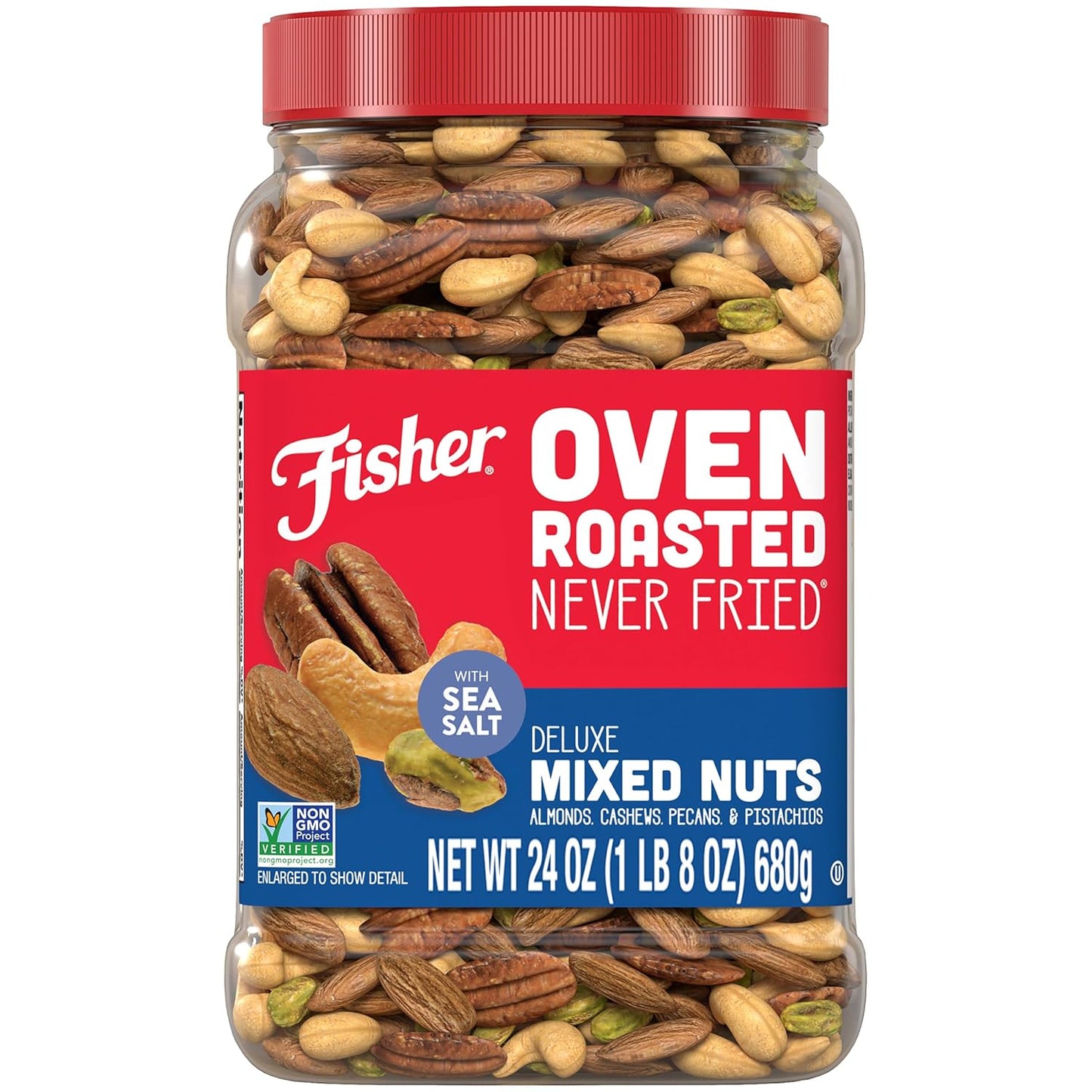 Fisher Oven Roasted Deluxe Mixed Nuts, 24 Ounces, No Added Oil, Gluten Free, Almonds, Cashews, Pecans, Pistachios