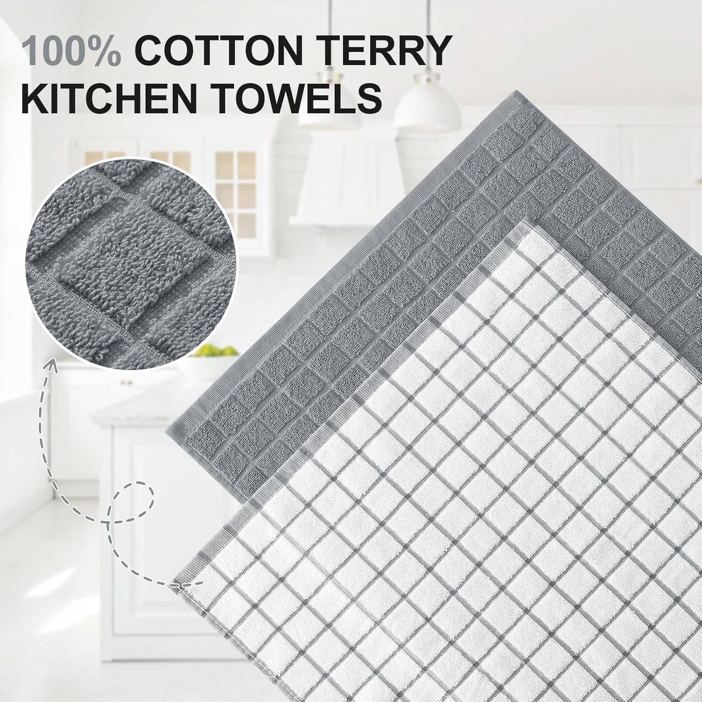 Homaxy Premium Cotton Kitchen Towels 16"x 28", Large Natural Ring Spun 390 GSM Dish Towels, Super Absorbent Terry Kitchen Hand Towels, Soft Tea Towels with Hanging Loop, Grey Check Design, 6 Pack