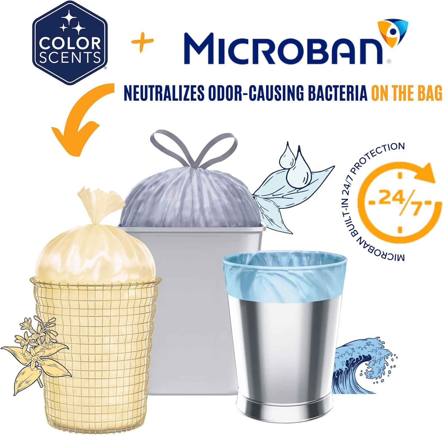 Color Scents Medium Trash Bags - 8 Gallon, 40 Bags (1 Pack of 40 Bags) Twist Tie - Cream Color Bag in Vanilla Flower Scent with Microban