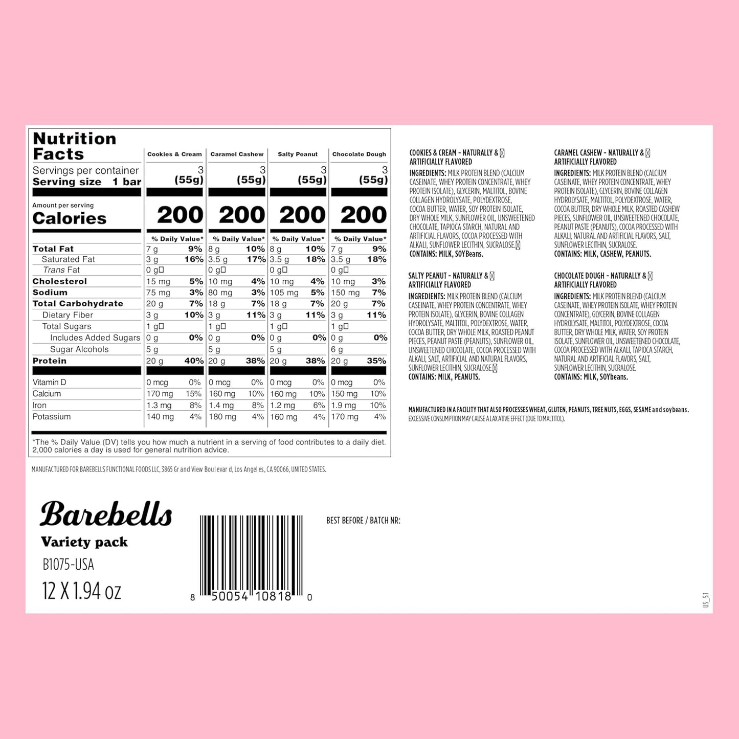 barebells protein bars variety pack 12 count 1.9oz 20g high protein chocolate caramel cookies & cream