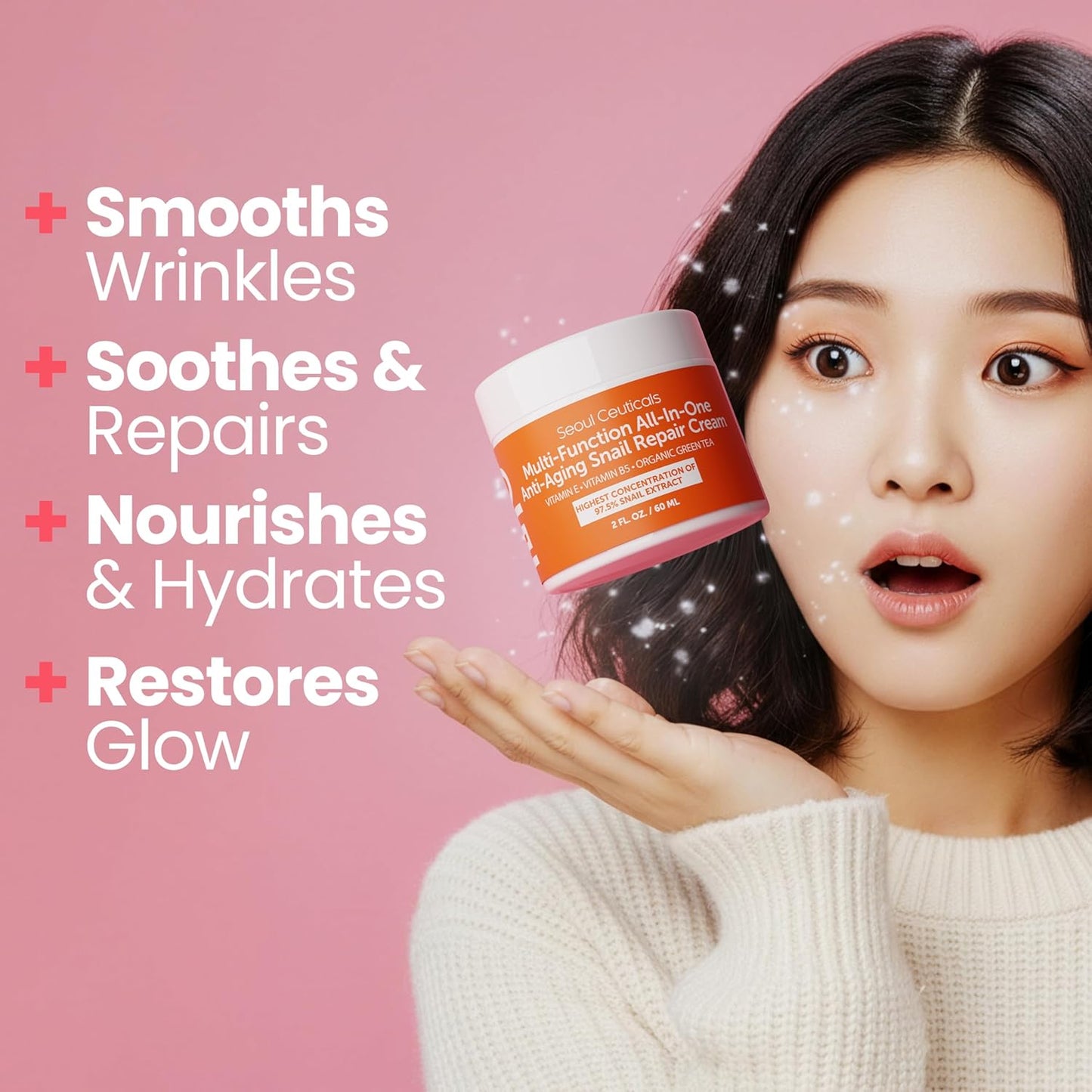 SeoulCeuticals Korean Skin Care 97.5% Snail Mucin Moisturizer Cream - K Beauty Skincare Day & Night Snail Repair Cream Filtrate Cruelty Free 2oz