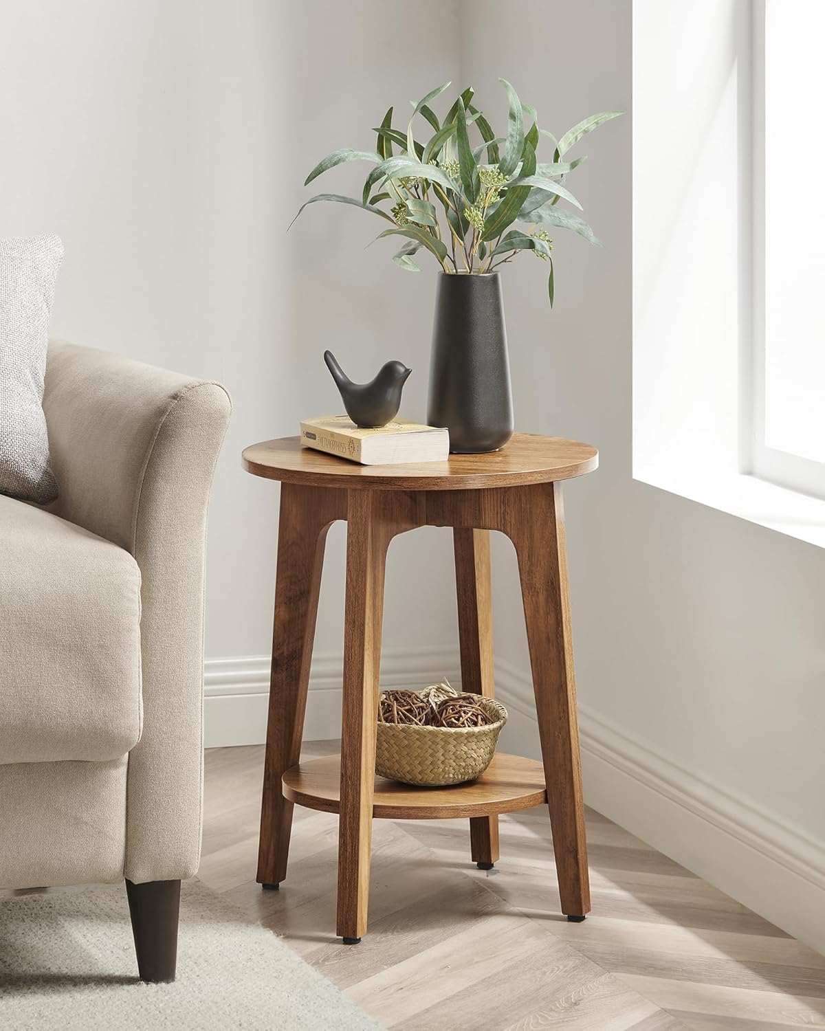 VASAGLE MAEZO Collection - Side Table, 2-Tier Small Round End Table, Nightstand with Tapered Legs, Curved Transitions, for Small Spaces, Living Room, Bedroom, Rustic Walnut ULET283T41