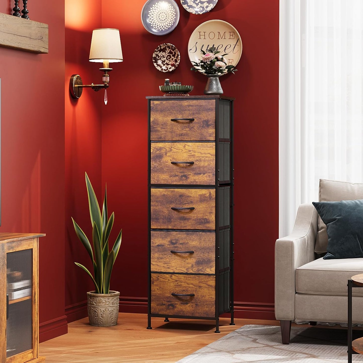 WLIVE Fabric Dresser for Bedroom, 5-Drawer Tall Dressers, Storage Organizer with Fabric Bins, Wood Top, Sturdy Steel Frame, Chest of Drawers for Closet, Hallway, Rustic Brown Wood Grain Print
