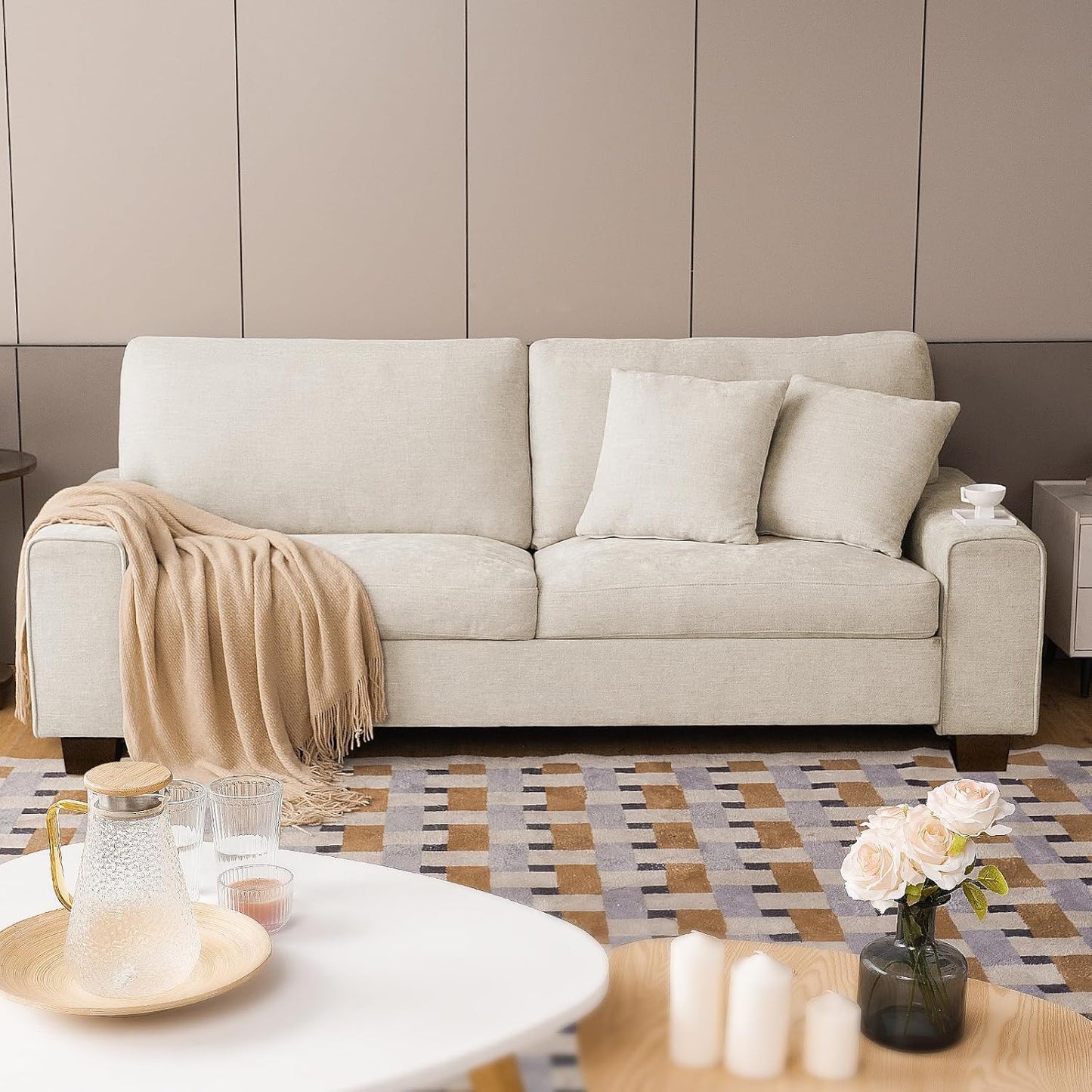 DOPEDIO Modern Loveseat Sofa for Living Room,Chenille Recliner, Removable Cover, Spring Cushions, Solid Wood Frame, Easy Assembly for Small Spaces (71.25inch,Beige)
