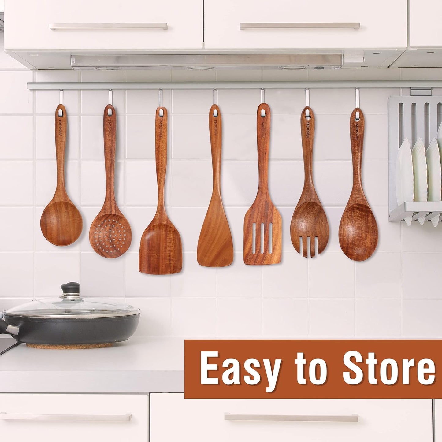 9‑Piece Natural Teak Wooden Kitchen Utensil Set with Spoon Rest and Holder