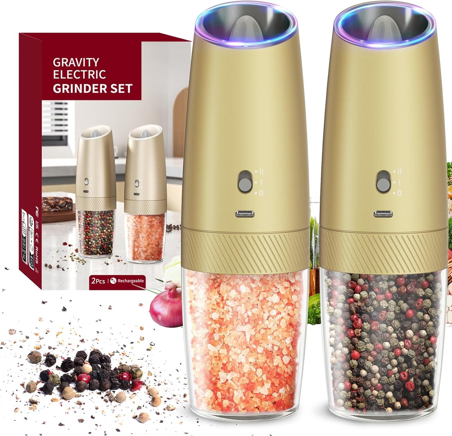 CIRCLE JOY Gravity Electric Salt and Pepper Grinder Set Automatic Salt and Pepper Grinder Set with LED Light, Battery Operated, Adjustable Coarseness, Large Capacity, for Home Kitchen BBQ