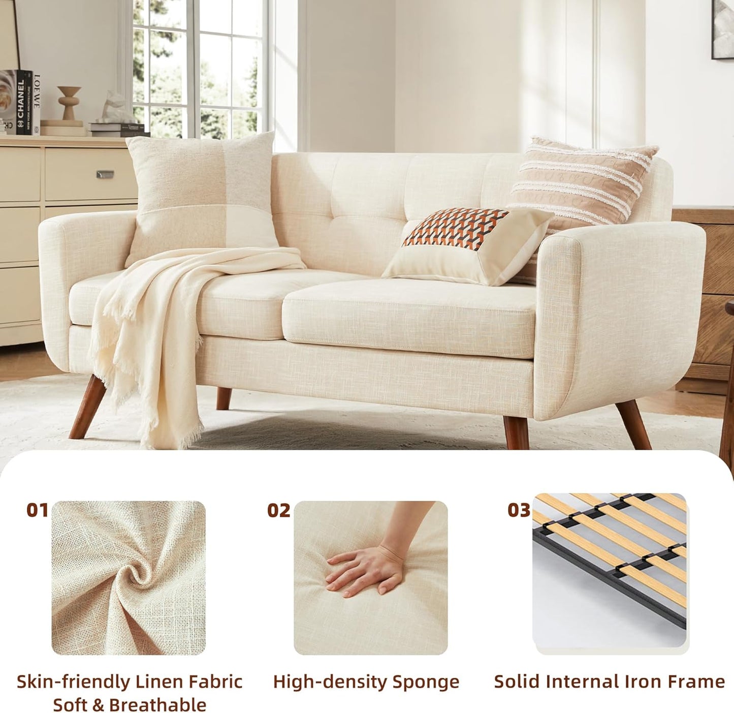 Tbfit 65" W Loveseat Sofa, Mid Century Modern Decor Love Seat Couches for Living Room, Button Tufted Upholstered Small Couch for Bedroom, Solid and Easy to Install Love Seats Furniture, Beige