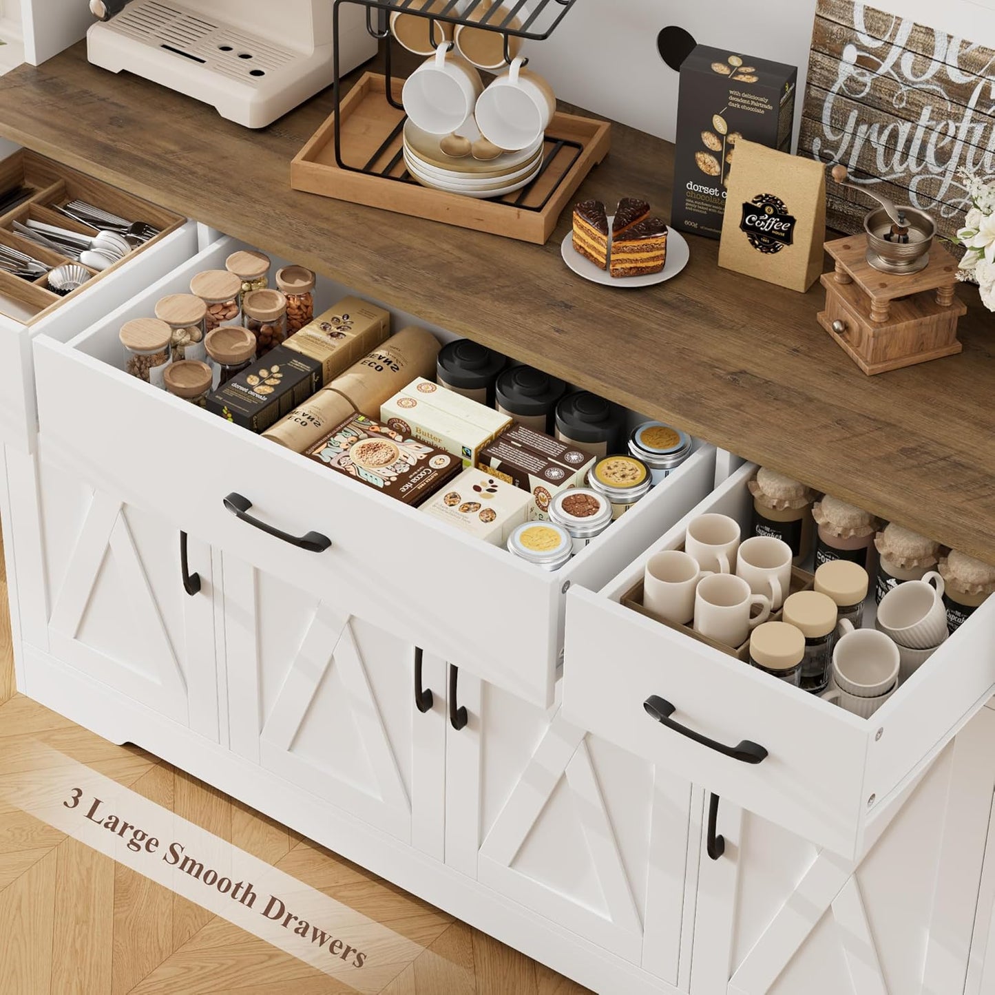HOSTACK 71" Tall Kitchen Pantry Storage Cabinet with Charging Station, 55" Wide Kitchen Hutch Cabinet with Large Countertop, Farmhouse Food Pantry with Drawers for Living Room, White