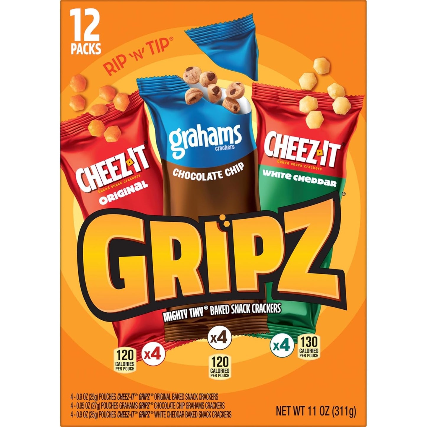 Gripz Mini Baked Snack Crackers, Sweet and Salty Variety Pack, 11oz Box with 12 Pouches, Easy-Open