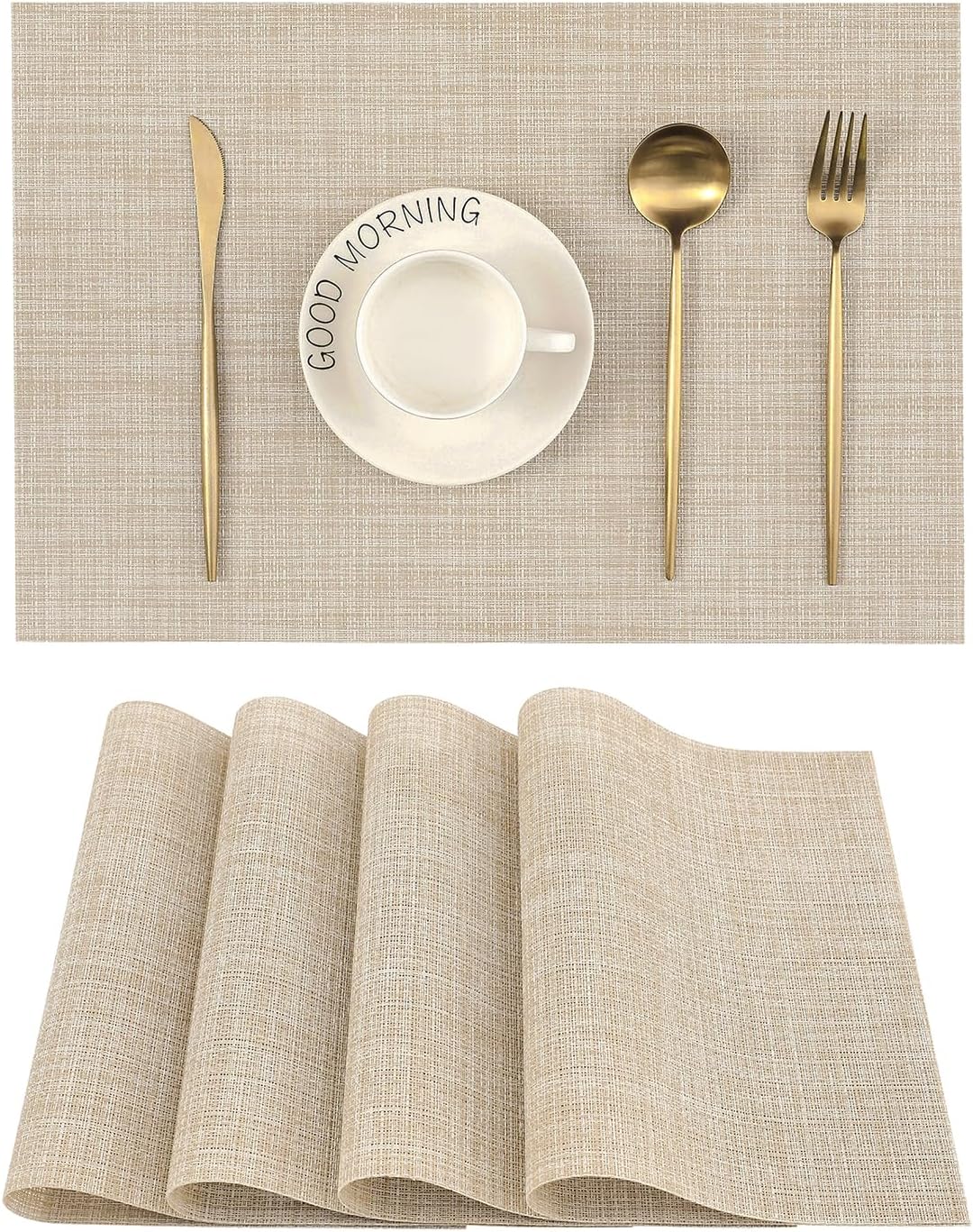 Leetaltree Beige Placemats Set of 4 - Heat Resistant Non-Slip Place mats for Dining Table, Washable Durable PVC Vinyl Woven Table Mats(Beige, 4)