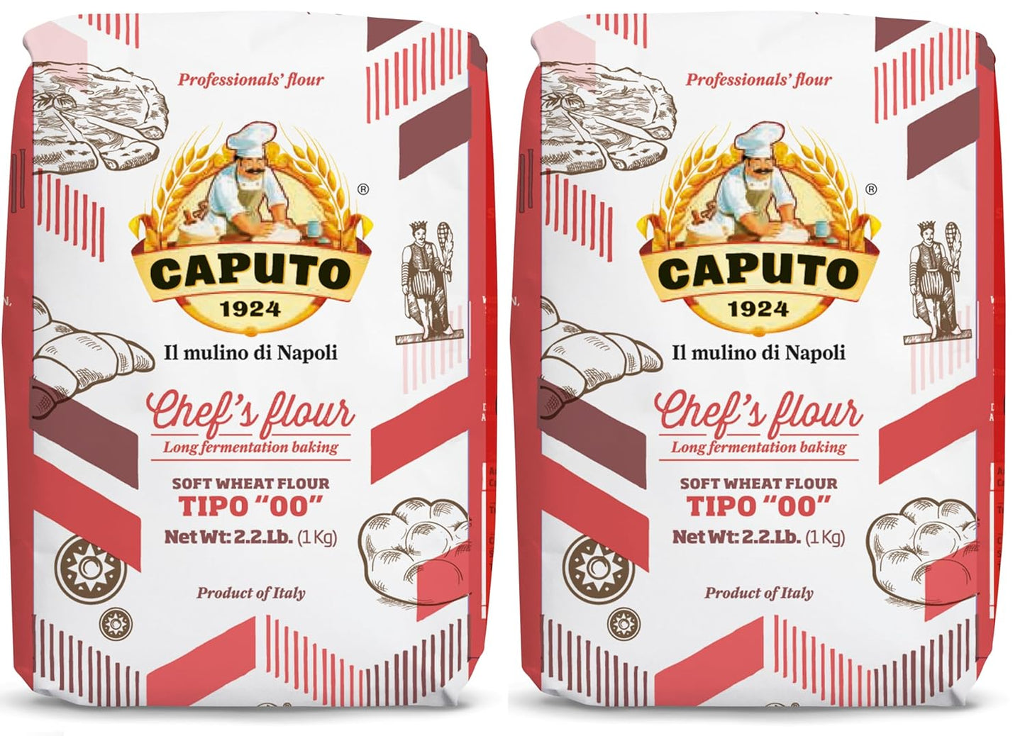 caputo chefs flour 2.2 lb pack of 2 italian double zero 00 soft wheat for pizza dough bread and pasta