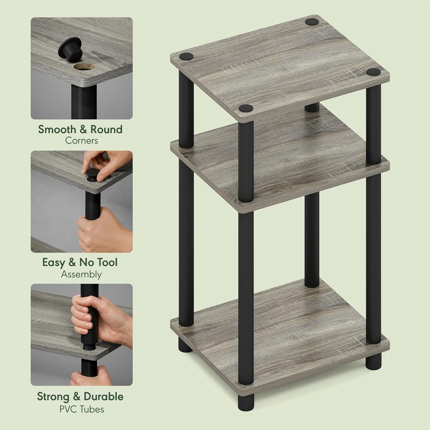Furinno JUST Side Table, 3-Tier End Table, Open Shelves Night Stand, Bedside Table, Toolless Assembly, for Living Room, Bedroom, Bathroom, French Oak