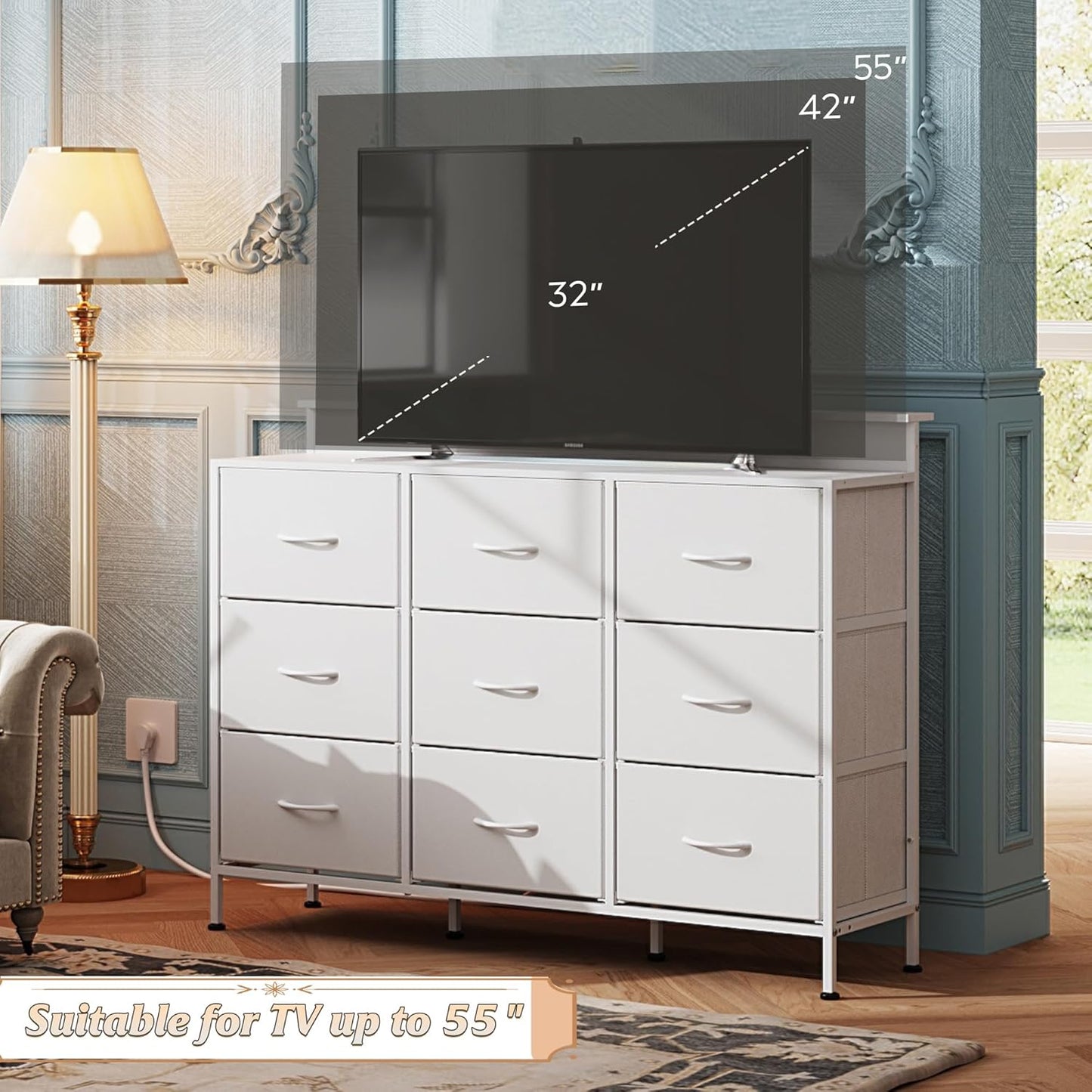 WLIVE White TV Stand for 45, 50, 55 inch TV, Entertainment Center with LED Lights & Charging Station, TV Media Console Table with 9 Fabric Drawers and Open Shelves for Living Room, Hallway, Wood Top