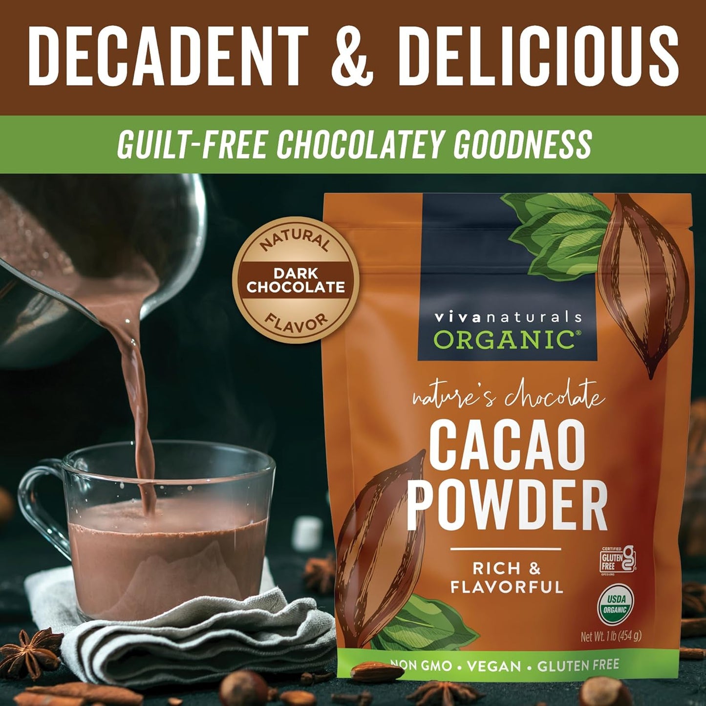 Organic Cacao Powder, Unsweetened, 1 lb (454 g) – Rich Dark Chocolate Flavor, Perfect for Baking, Smoothies & Hot Chocolate – Vegan, Keto, Paleo, Non-GMO & Gluten-Free Cocoa Powder