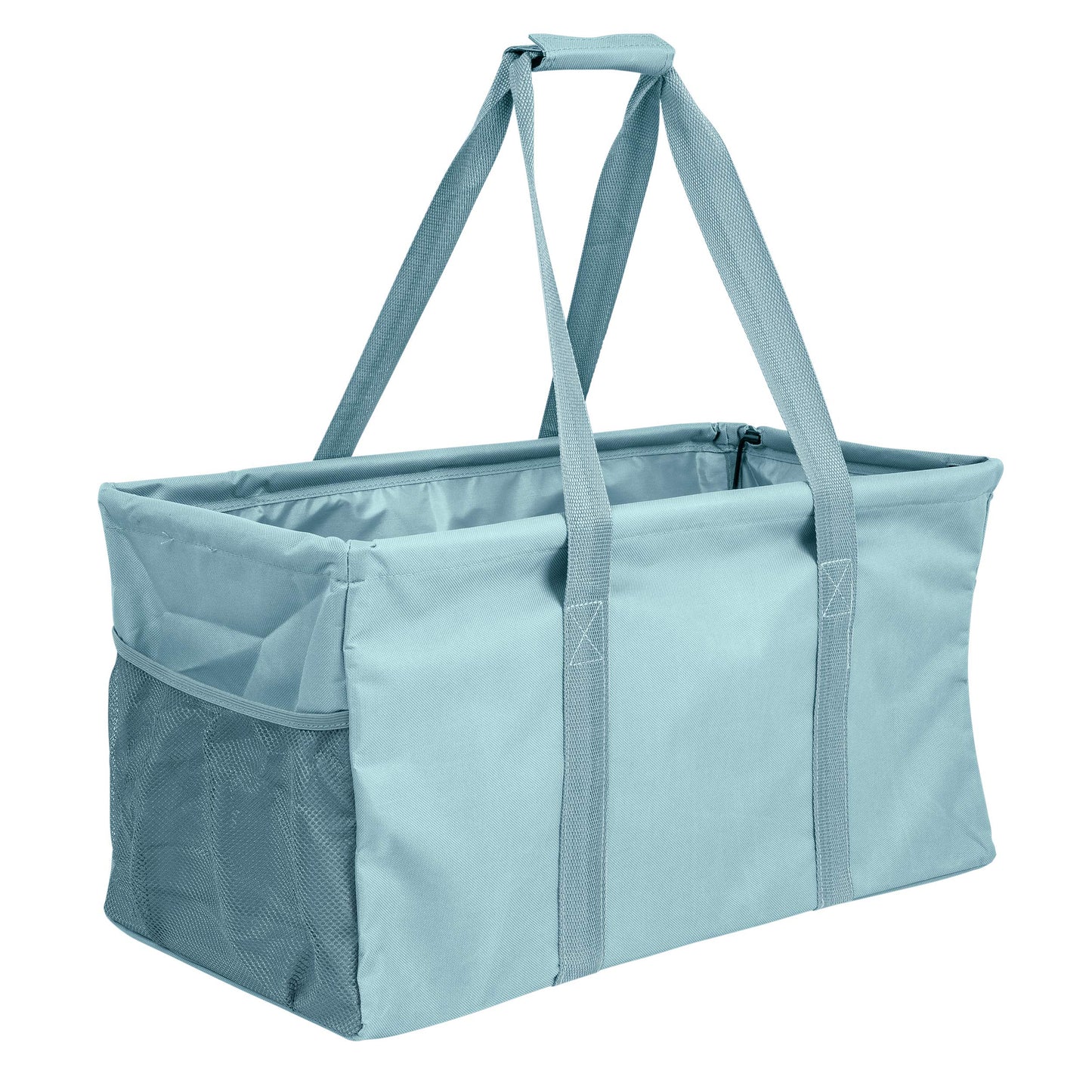 Extra Large Utility Tote Bag - Oversized Collapsible Reusable Wire Frame Rectangular Canvas Basket With Two Exterior Pockets For Beach, Pool, Laundry, Car Trunk, Storage - Light Blue