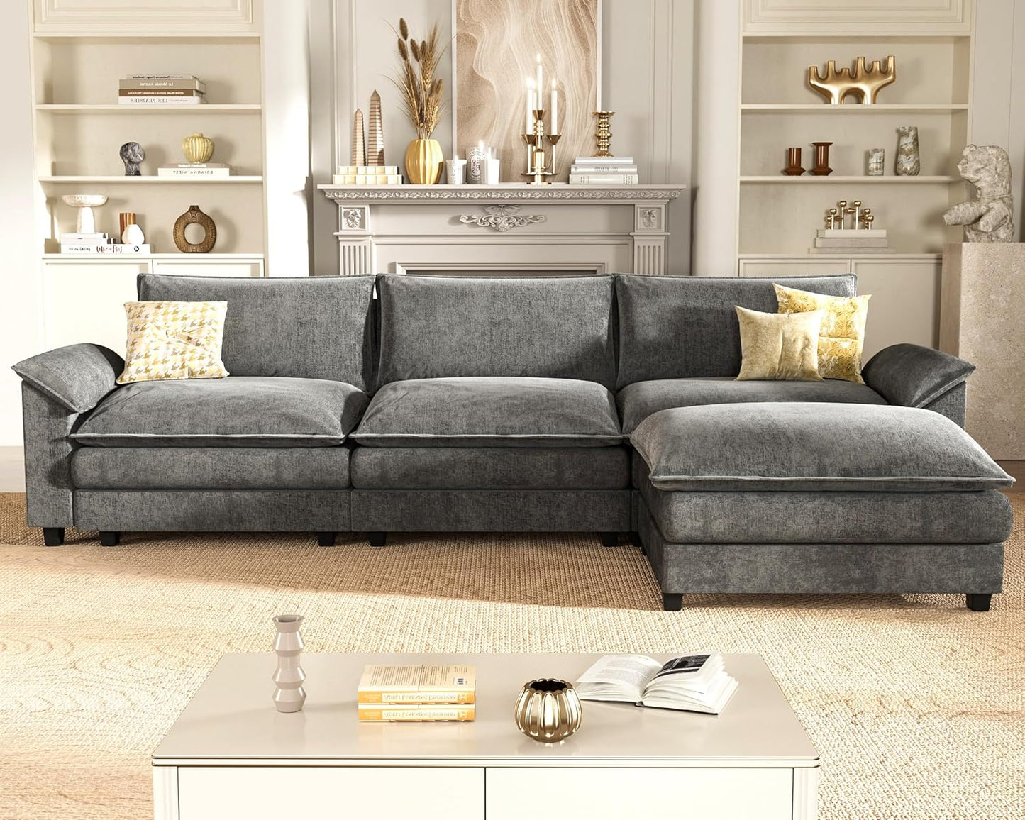 Homall 119" Modular Sectional Sofa, L Shaped Sofa Couch with Reversible Ottoman, DIY Combination Chenille Deep 3-Seat Cloud Couch for Living Room, Apartment (Light Grey, L Shaped Sofa)