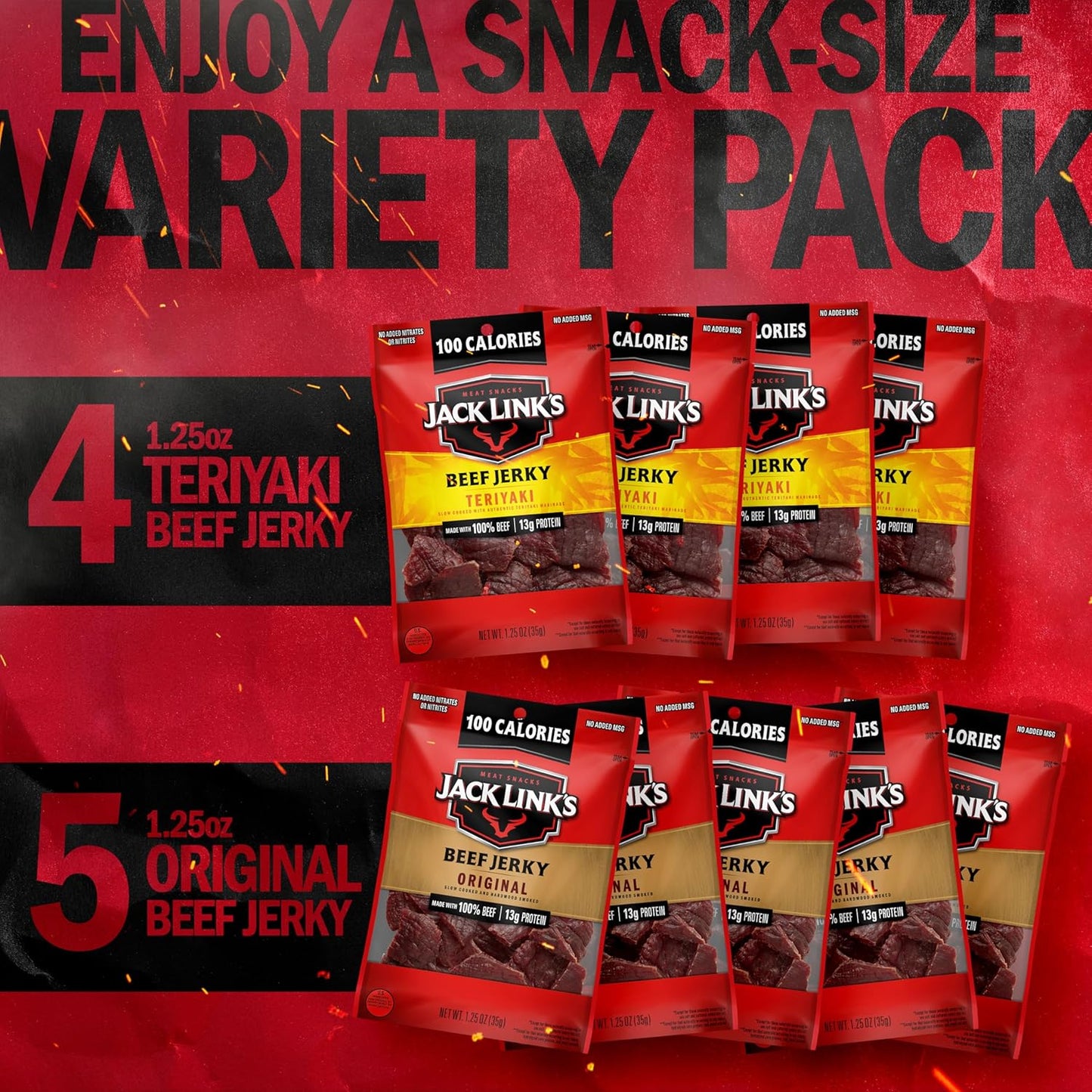 Jack Link's Beef Jerky Variety Pack with Original and Teriyaki Flavors, 9 Pack, 1.25 oz Bag, Ready to Eat Protein Snacks, 13g Protein per Serving