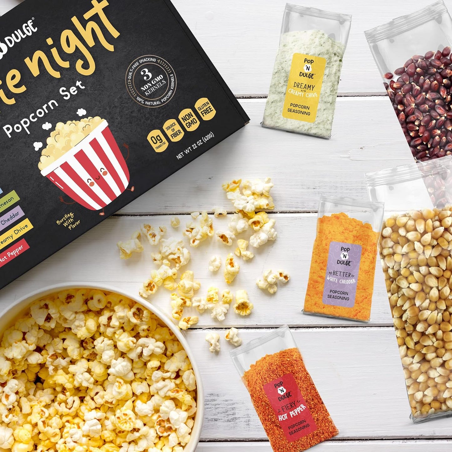 Pop n' Dulge popcorn movie night gift set with 5 gourmet kernels and 5 seasoning packs - 16 piece non-GMO kosher snacks