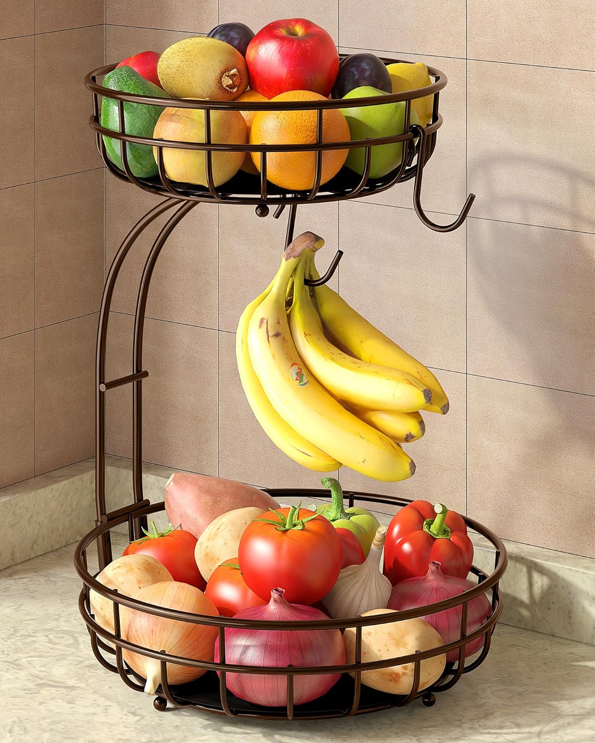 2 Tier Large Fruit Basket for Kitchen Counter with Removable Banana Hanger - Sturdy Iron Fruit Bowl for Kitchen Counter and Vegetable Holder, Fruit Holder for Kitchen Countertop, Black