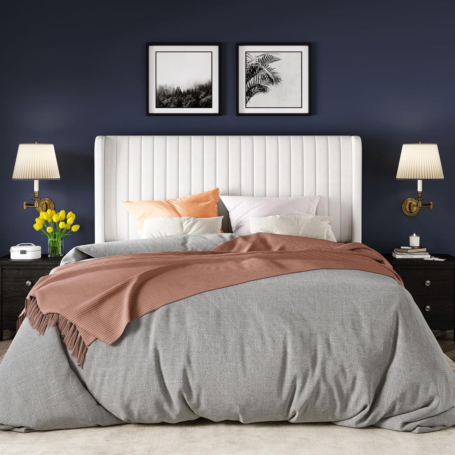 Allewie Full Size Velvet Bed Frame/Vertical Channel Tufted Wingback Headboard/Upholstered Platform Bed/Strong Wooden Slats/No Box Spring Needed/Easy Assembly/White