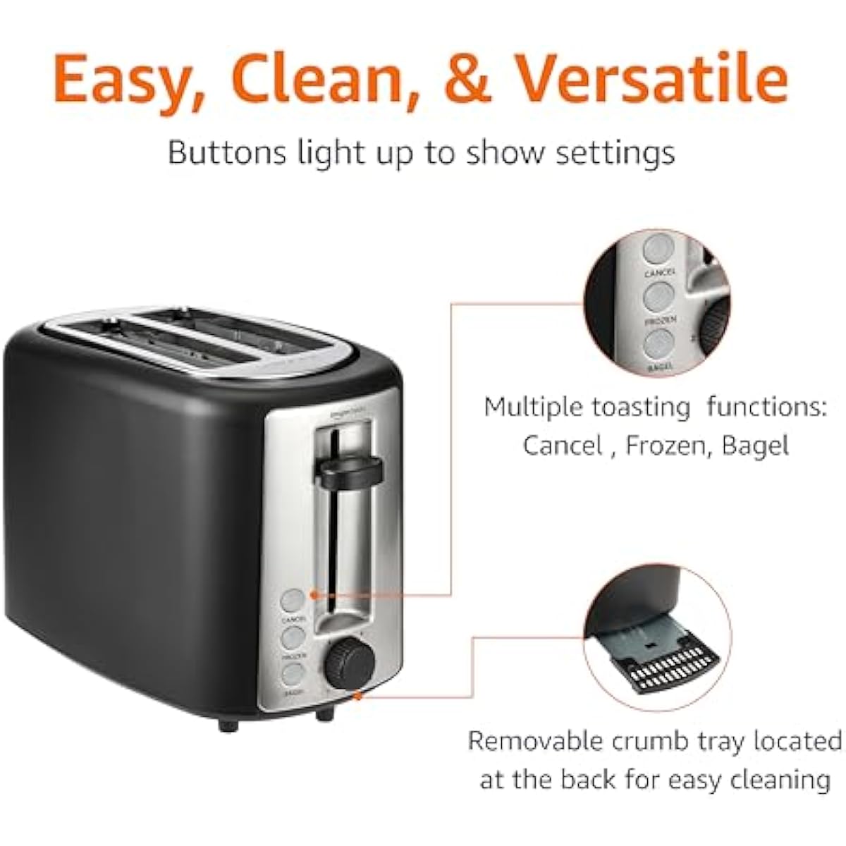 Amazon Basics 2 Slice Toaster, Extra Wide Slots for Bagels, 6 Browning Settings, Removable Crumb Tray, Defrost/Cancel/Bagel Buttons, Cord Wrap, 900W, Black & Silver