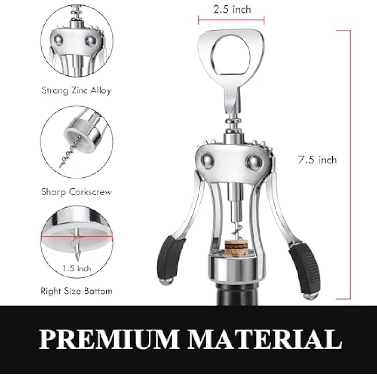 KORCCI Wine Opener, Heavy-Duty Zinc Alloy Wing Corkscrew, Premium Beer Bottle Opener, Multifunctional Wine Accessories with Ergonomic Handle and Sharp Screw, for Kitchen, Bar, Restaurant, Bartenders
