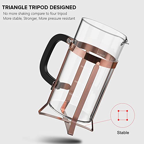 QUQIYSO Coffee Maker 304 Stainless Steel French Press with 4 Filter, Heat Resistant Durable, Easy to Clean, Borosilicate Glass Coffee Press, 100% BPA Free Teapot, 21 ounce, copper