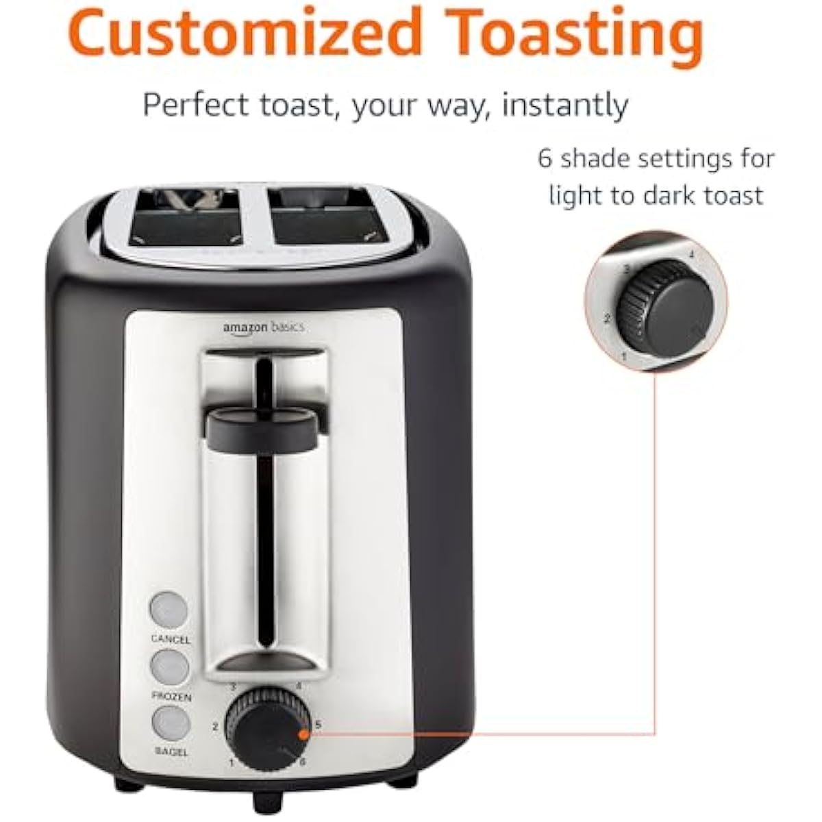 Amazon Basics 2 Slice Toaster, Extra Wide Slots for Bagels, 6 Browning Settings, Removable Crumb Tray, Defrost/Cancel/Bagel Buttons, Cord Wrap, 900W, Black & Silver