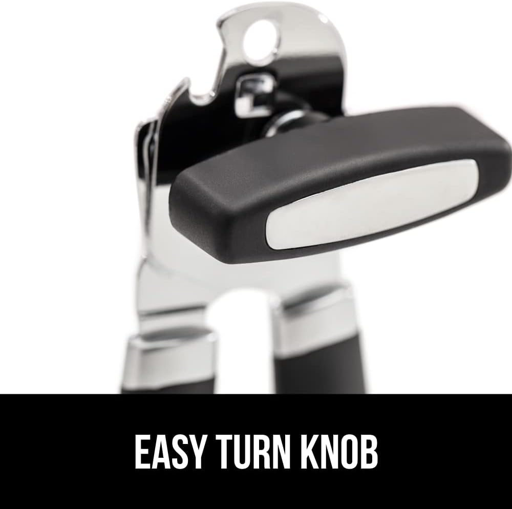 GORILLA GRIP Heavy Duty Stainless Steel Smooth Edge Manual Can Opener, Soft Comfortable Handle, Large Handheld Turn Knob, Built-In Bottle Openers, US Designed, Holiday Prep Kitchen Essential, Black