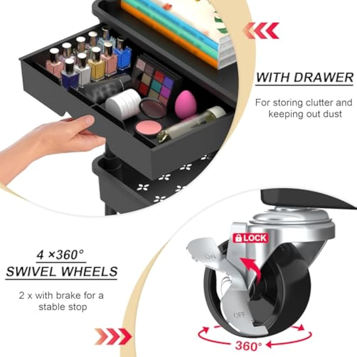 Goovilla 3 Tier Rolling Utility Cart Organizer with Removable Drawer, Stable and Sturdy Black Rolling Storage Carts with 2 Lockable Wheels for Bathroom, Kitchen, Snack, Craft, Makeup, Baby Essentials