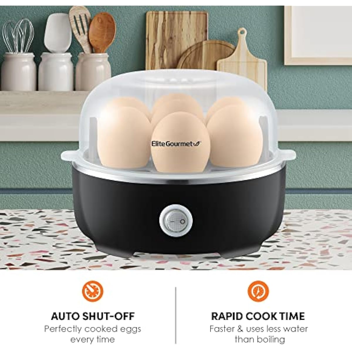 Elite Gourmet EGC115B Easy Egg Cooker Electric 7-Egg Capacity, Soft, Medium, Hard-Boiled Egg Cooker with Auto Shut-Off, Measuring Cup Included, BPA Free, Classic Black