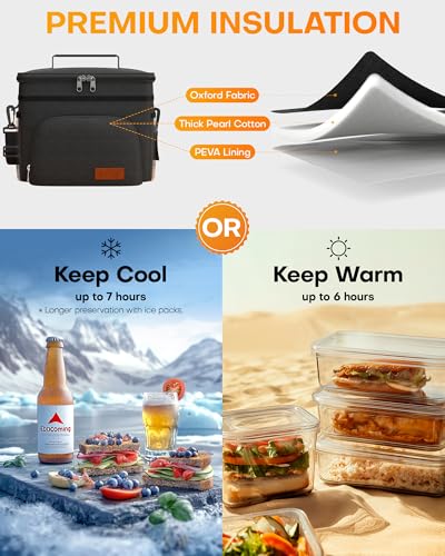 HOTOR Insulated Lunch Box for Men & Women - Leak-Proof Cooler Lunch Bag with 4 Pockets, Adjustable Strap, Ideal for Work, Picnic, Travel - Medium, Black, 10.2"×6.9"×8.5"