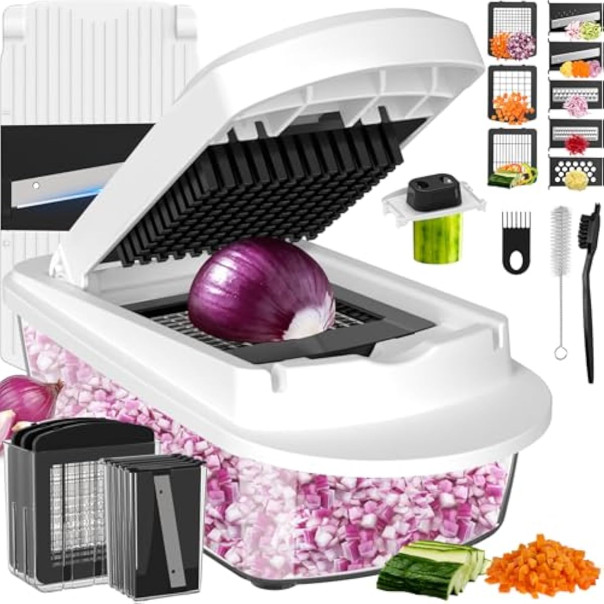 8 Blade All-in-1 Vegetable Chopper Mandoline Slicer with Container, Food Chopper, Onion Chopper, Veggie Cutter for Salad, Kitchen Gadgets Accessories Essentials, White