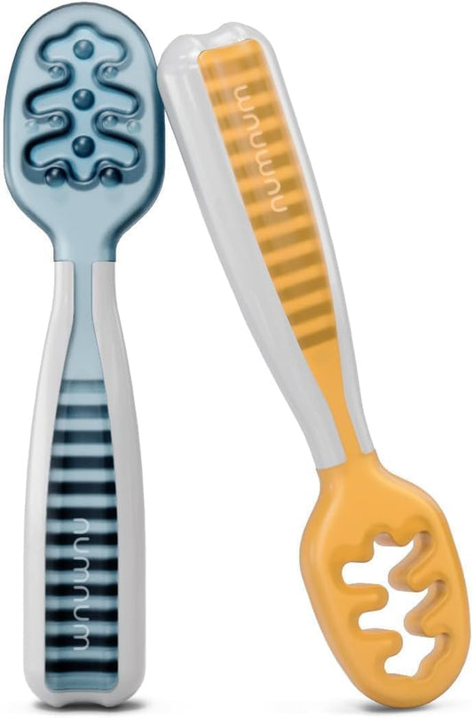 NumNum Baby Spoons Set, Baby Essentials Pre-Spoon GOOtensils for 6+ Months, First Stage Self-Feeding Spoons for Baby Led Weaning (BLW), Silicone Toddler Utensils, BPA-Free, 2 Pack Blue/Orange