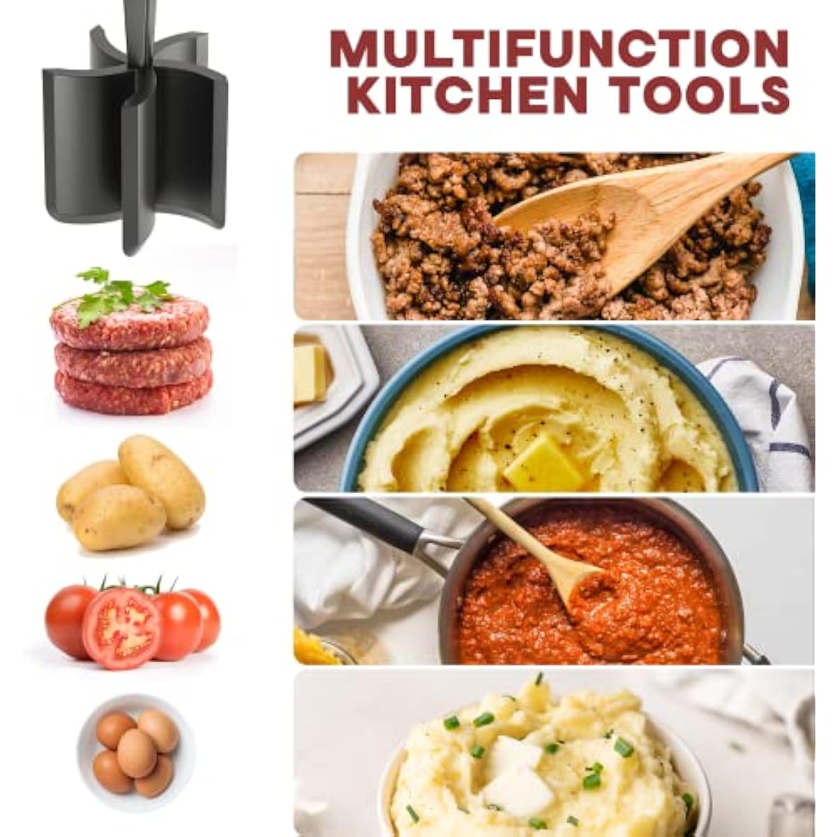 Meat Chopper, Hamburger Grinder, Premium Heat Resistant Smasher for Ground Beef, Burger Grinder Nylon Potato Mix Tool, Meat & Poultry Tenderizers-Black