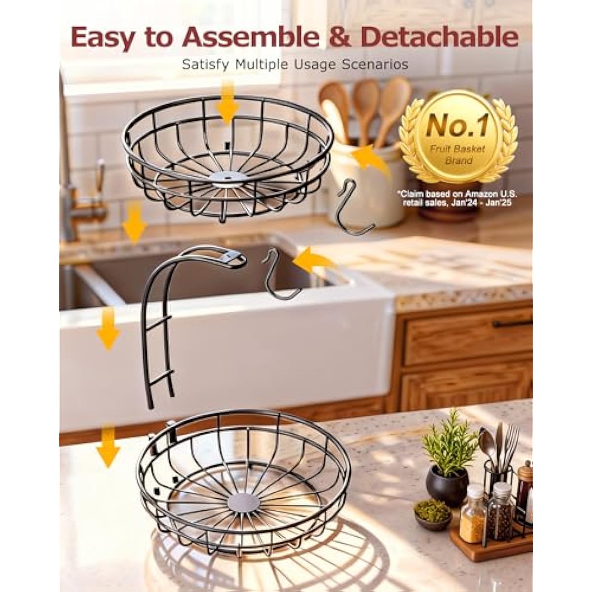 2 Tier Large Fruit Basket for Kitchen Counter with Removable Banana Hanger - Sturdy Iron Fruit Bowl for Kitchen Counter and Vegetable Holder, Fruit Holder for Kitchen Countertop, Black