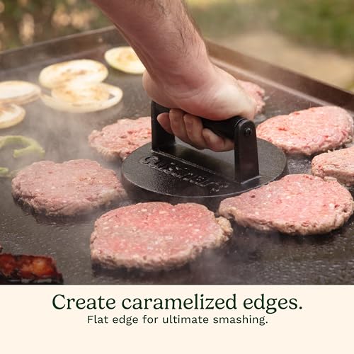 Cuisinart 6.5" Cast Iron Smashed Burger Press, Round Flat Edge Grill Press for Crispy Smash Burgers, Burger Tool for Grill and Griddle Accessories, for BBQs and Tailgates