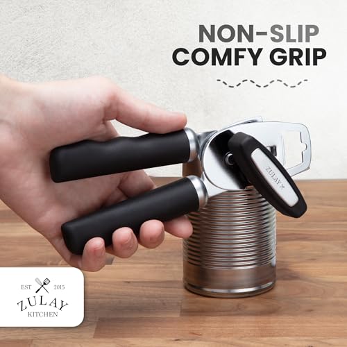 Zulay Kitchen Heavy Duty Stainless Steel Can Opener Manual with Bottle Opener - Rust Proof Manual Can Opener With Turn Knob & Comfy Soft Grip Handles - Black
