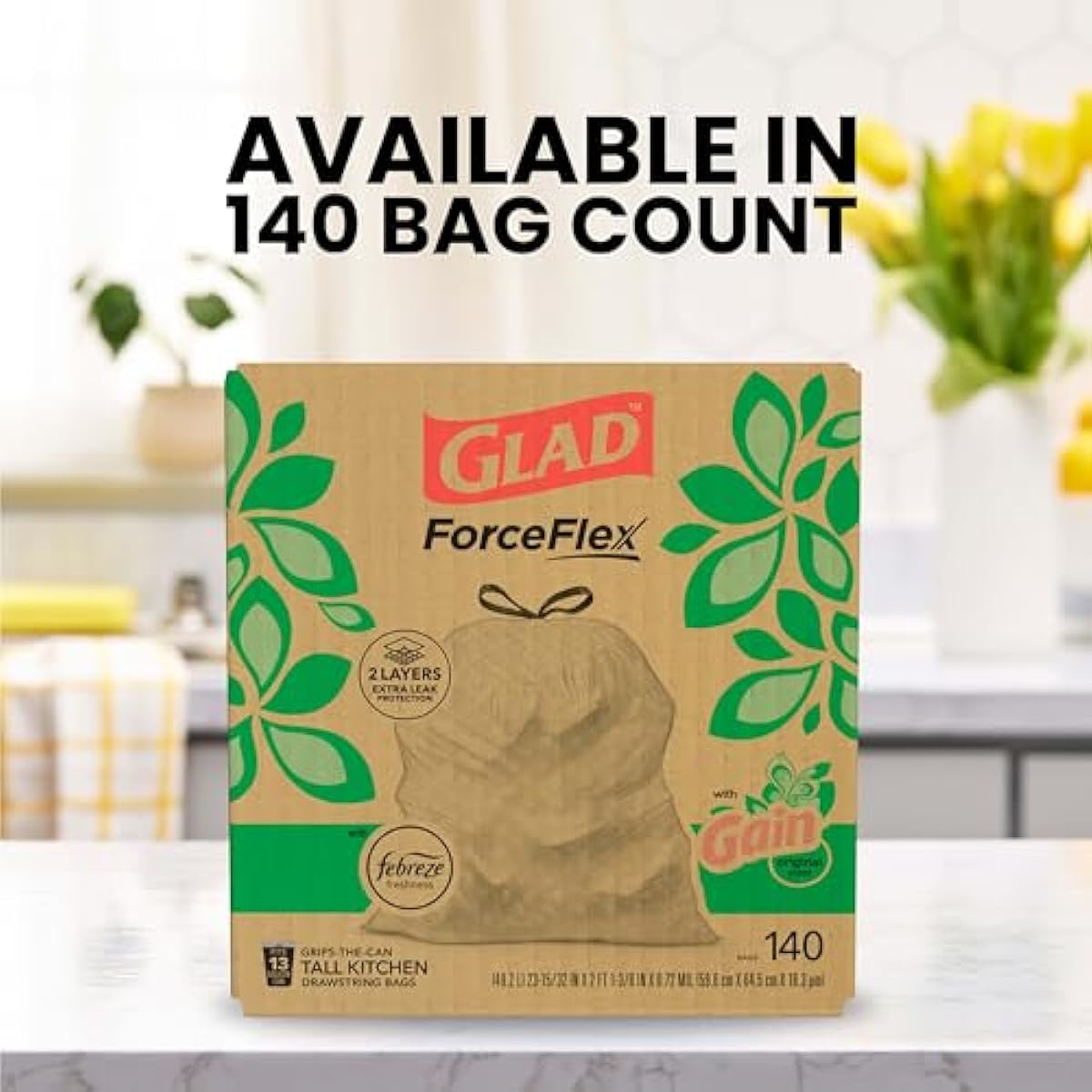 Glad ForceFlex Tall Kitchen Trash Bags, 13 Gallon, Gain Original, 140 Count (Package May Vary)