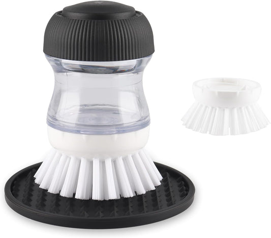 OYV Soap Dispensing Palm Brush, Dish Brush Set with Silicone Drip Tray and One Refill, Kitchen Dish Scrub Brush for Cleaning Pots, Pans, Sinks