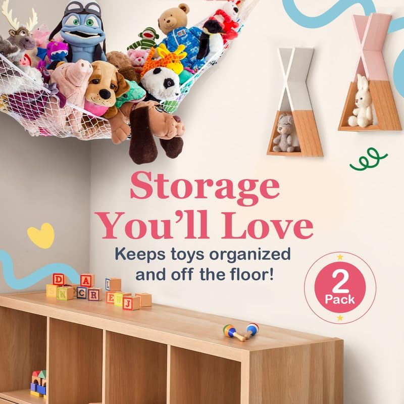 Lilly's Love Stuffed Animal Hammock | Corner Hanging Organizer, Toy Storage, Stuffed Animal Storage Net | Made from Quality Fishing Net, Holds 12lbs | 67"x47"x47" (White, 2 Pack)
