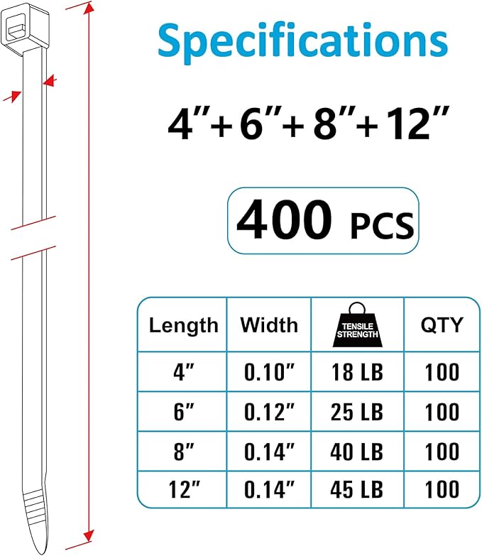 Zip Ties Assorted Sizes(4”+6”+8”+12”), 400 Pack, Black Cable Ties, UV Resistant Wire Ties by ANOSON