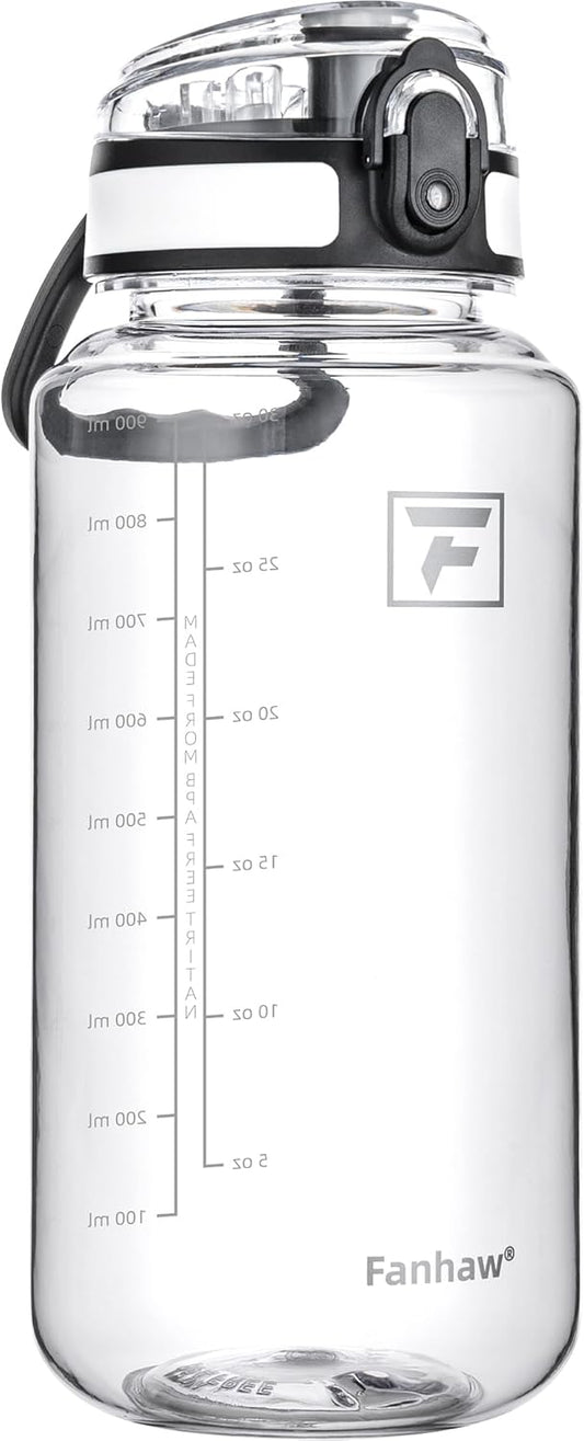 Fanhaw 32 Oz Clear Tritan Water Bottle, BPA-Free & Leak-Proof, Wide Mouth with Anti-dust Chug Lid, Reusable Plastic Bottle for Gym, Travel, School & Office (Clear&White)