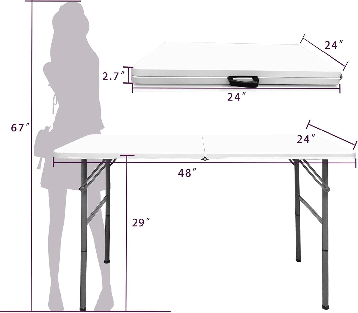 Gocamptoo Folding Table,4ft Indoor Outdoor Heavy Duty Portable Folding Square Plastic Dining Table w/Handle, Lock for Picnic, Party, Camping (4 FT) …