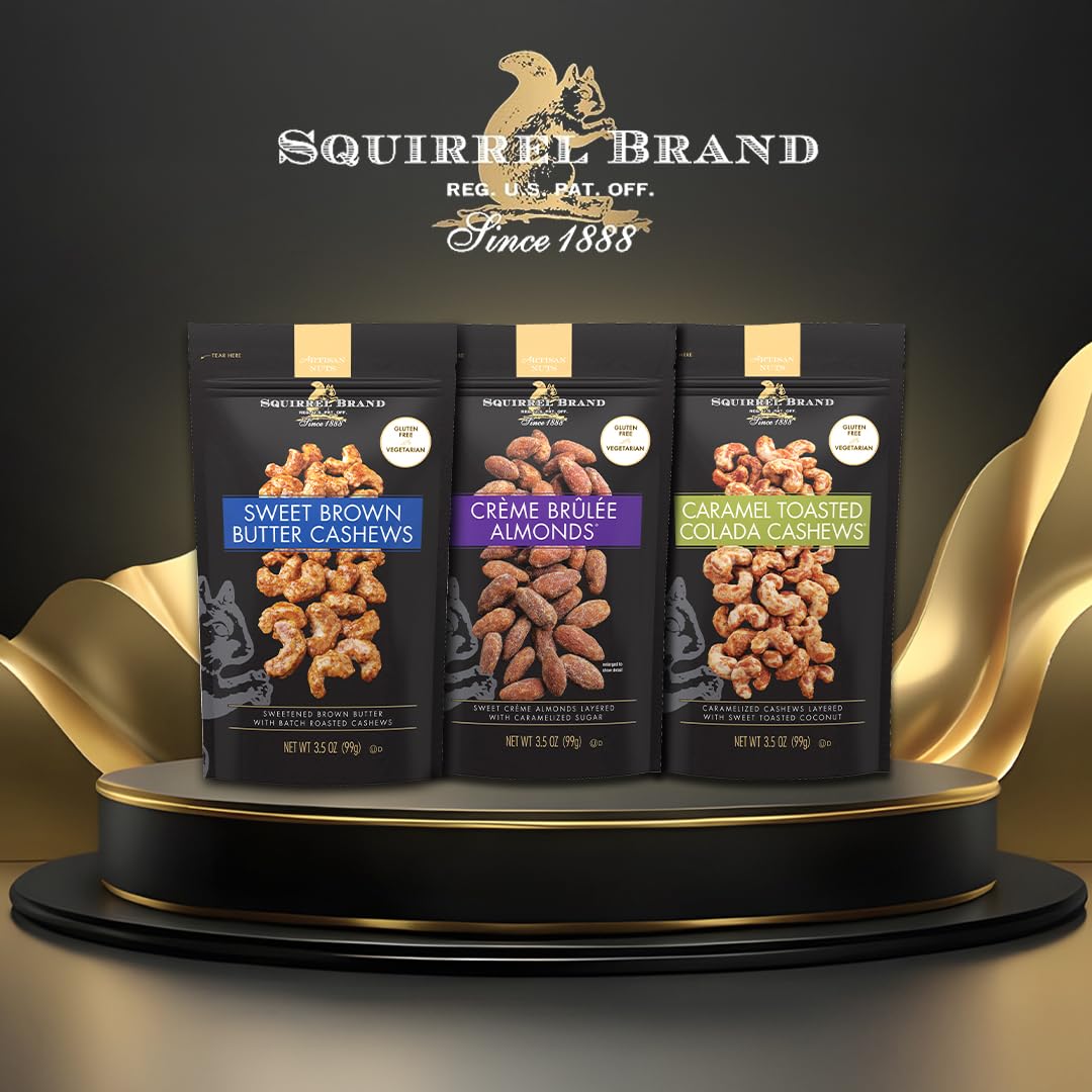squirrel brand sweet brown butter cashews 3.5 ounces gluten free vegetarian resealable bag