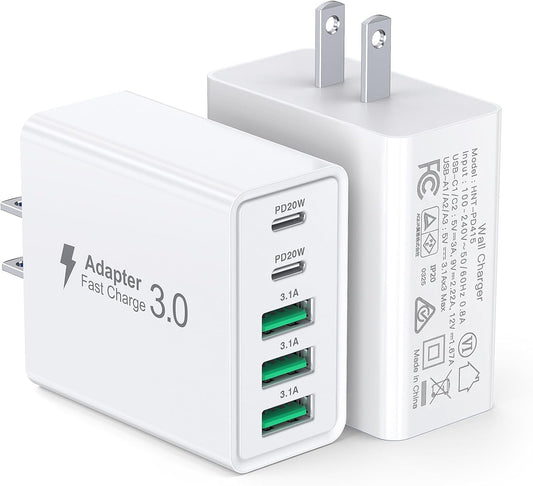 [2-Pack] USB C Wall Charger,60W 5-Port PD Fast USB C Charging Block,2USB C+3USB A Multiport Plug,Type C Power Adapter Brick Cube for iPhone 17/16/15/14/13/12/Pro Max/XS,iPad,for Switch,Samsung,Ultra 2