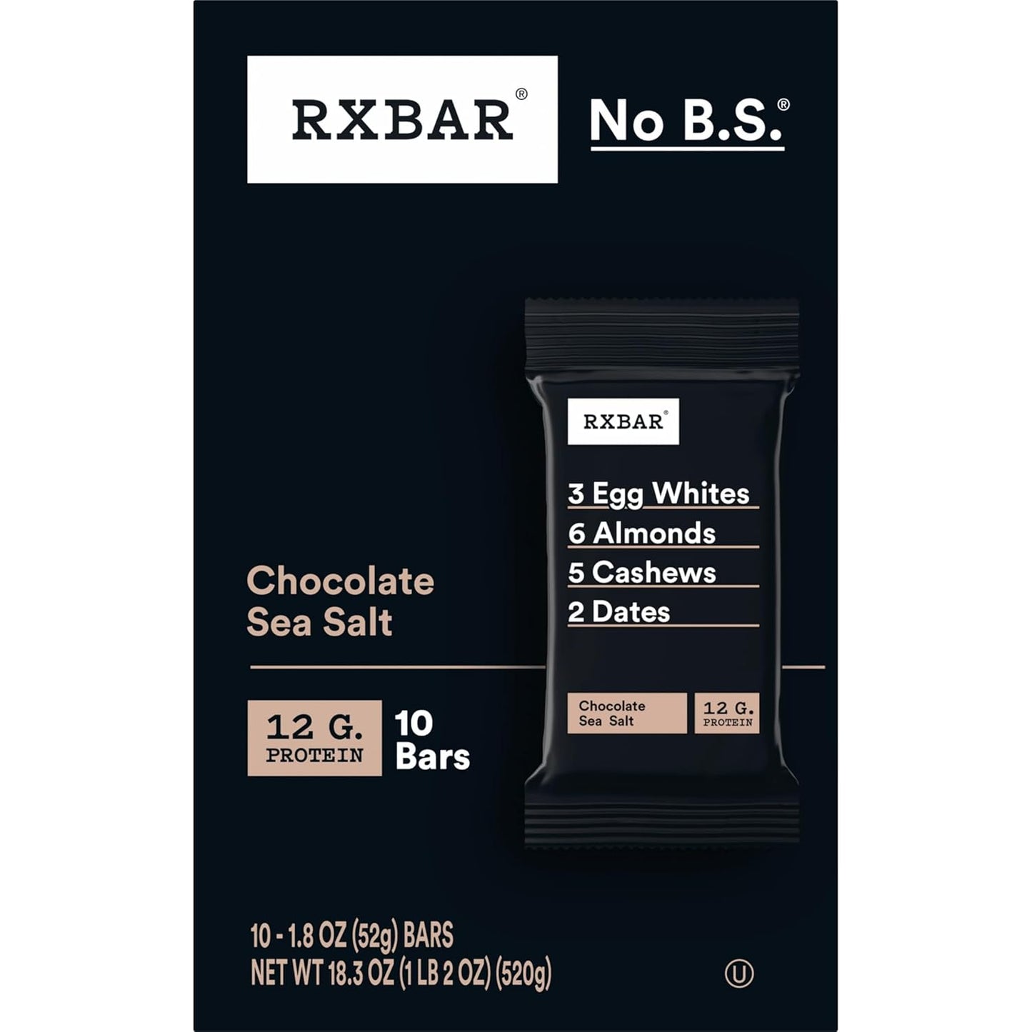 RXBAR Chocolate Sea Salt Protein Snack Bars, 18.3oz Box (10 Count), Gluten Free, 12g Protein