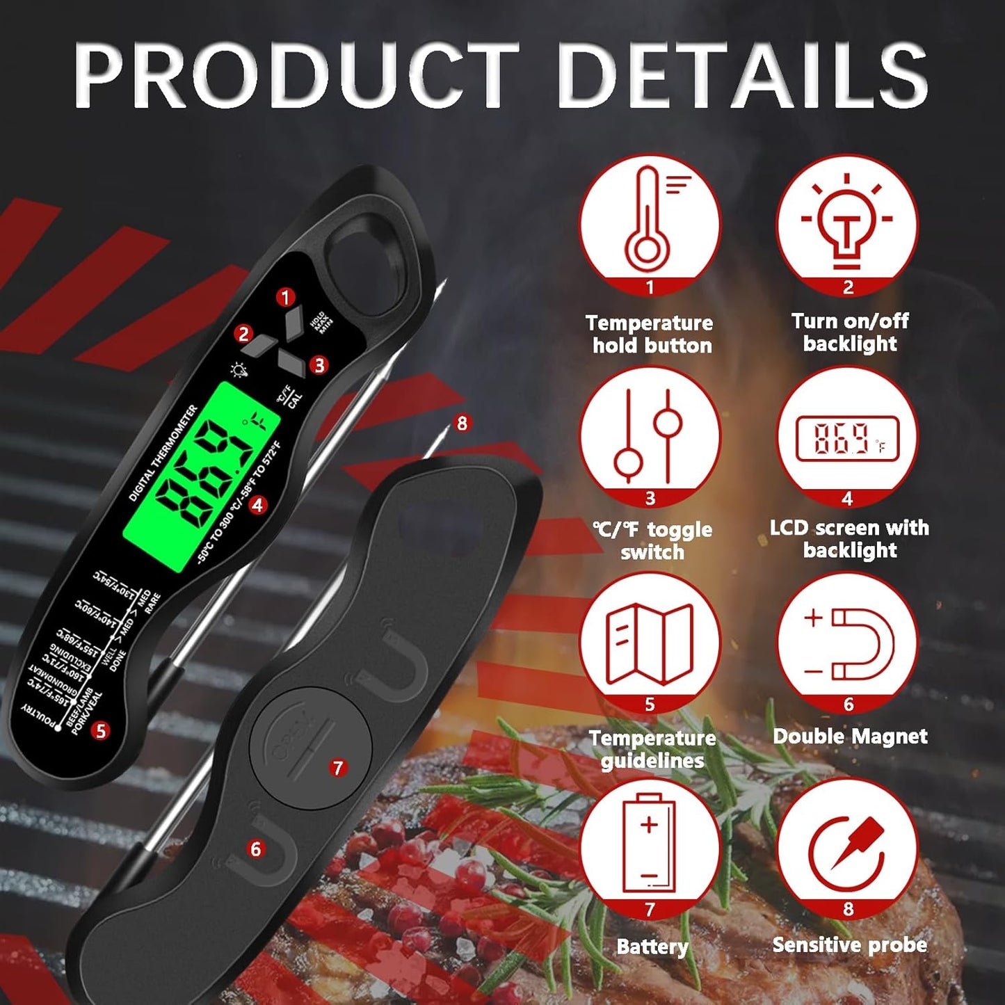Meat Thermometer Digital，IP67 Waterproof Cooking Thermometer with Backlight, Calibration & Hold Function，Food Thermometer for Cooking,Outdoor Grilling，Suitable as Stocking Stuffers for Men